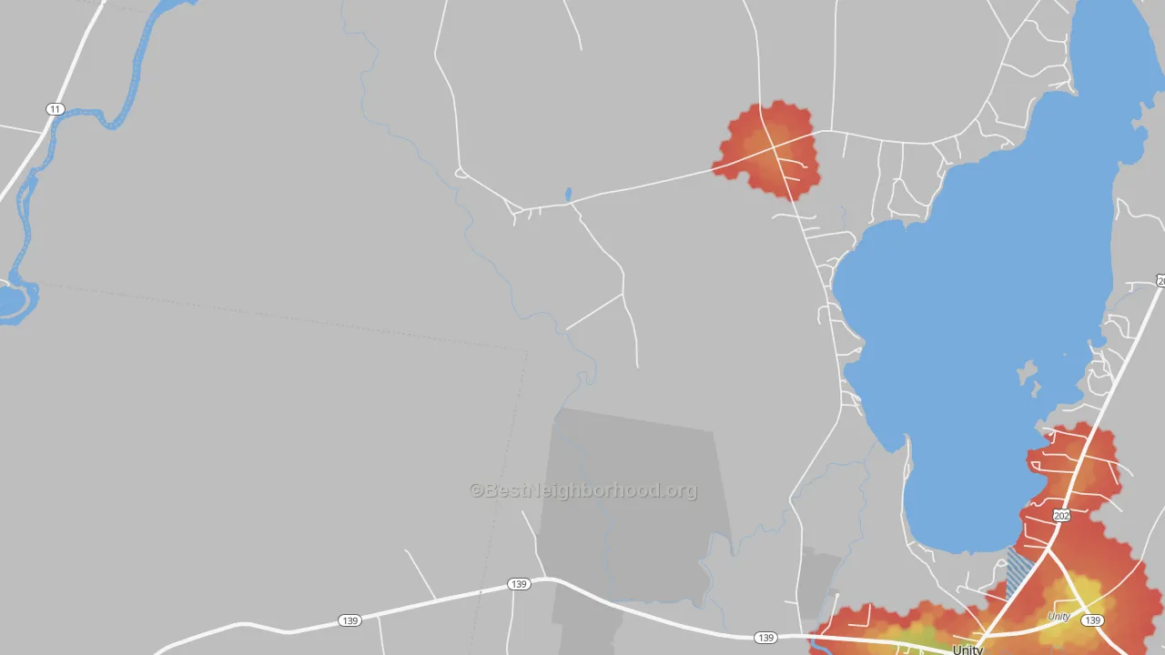 Walk Grade map of Winnecook, ME, walkable areas in green and car-dependent areas in red
