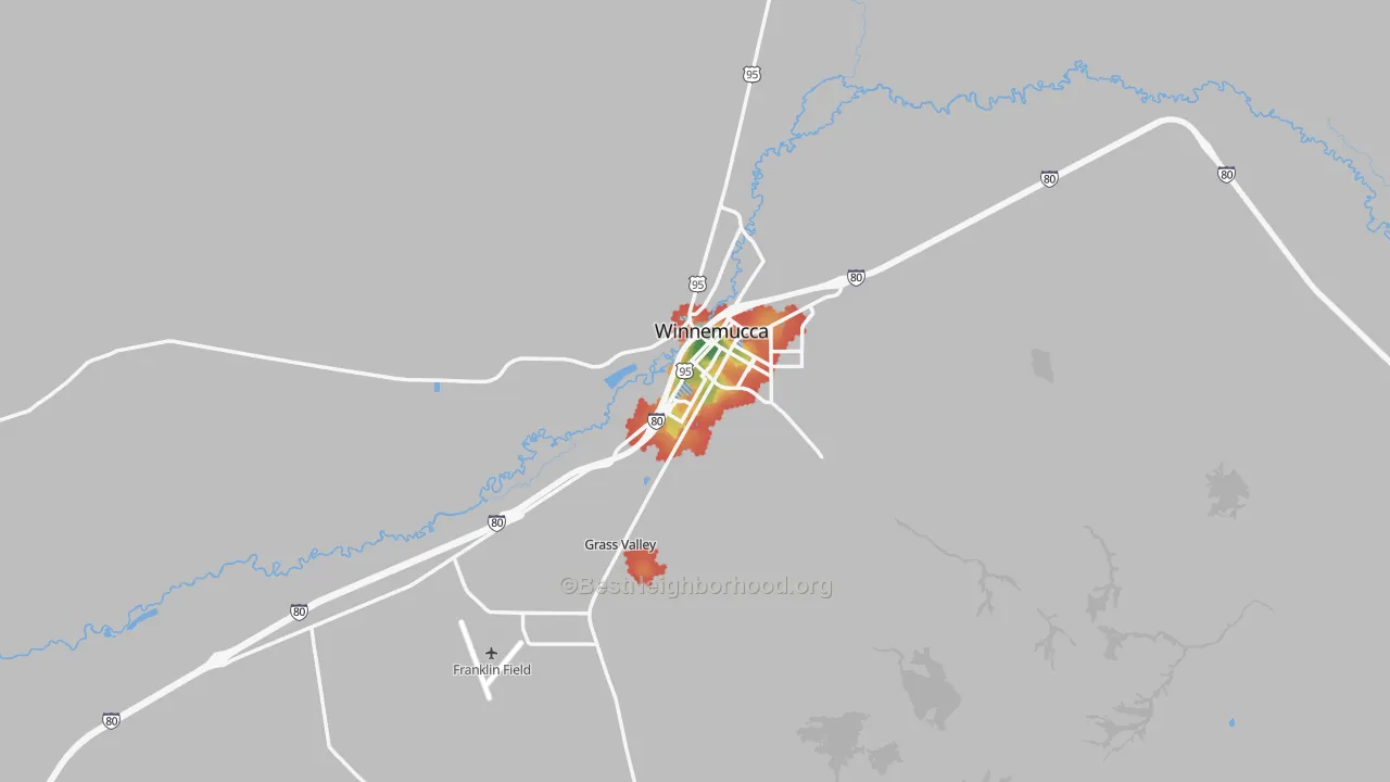 Walk Grade map of Winnemucca, NV, walkable areas in green and car-dependent areas in red