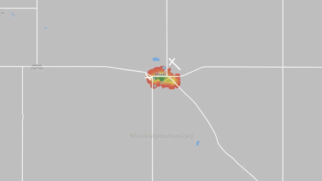Walk Grade map of Winner, SD, walkable areas in green and car-dependent areas in red
