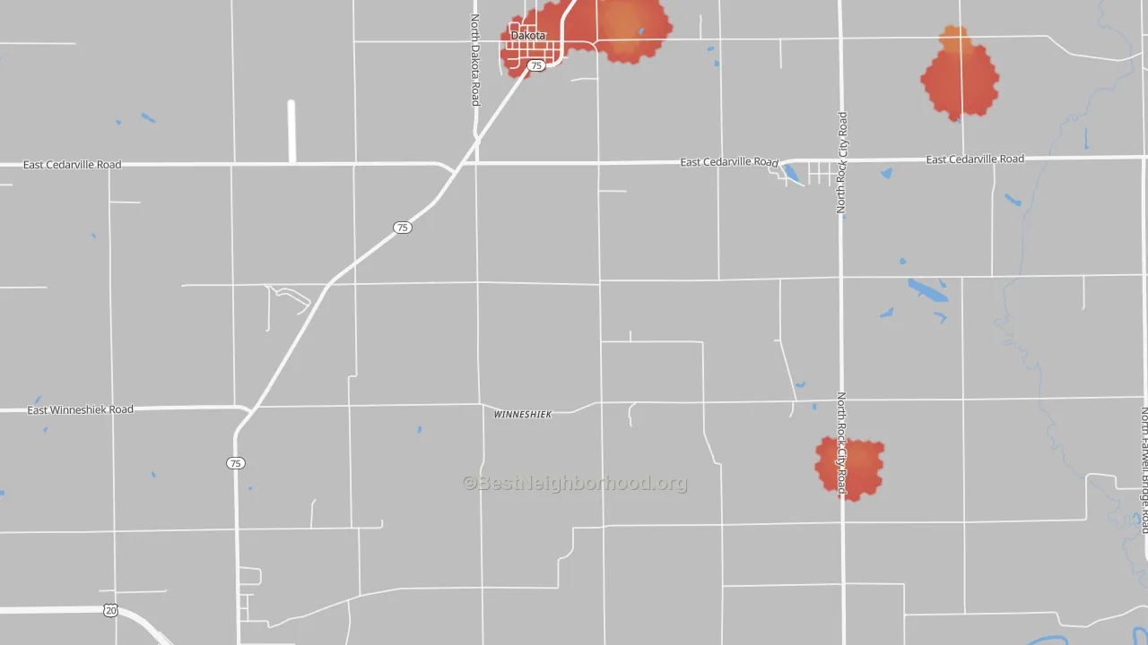 Walk Grade map of Winneshiek, IL, walkable areas in green and car-dependent areas in red