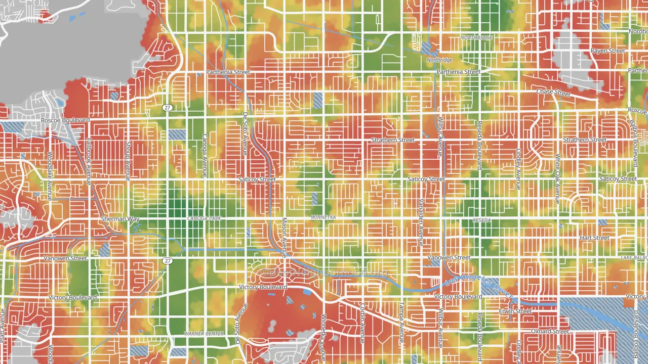 Walk Grade map of Winnetka, CA, walkable areas in green and car-dependent areas in red