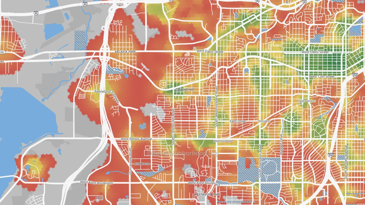 Walk Grade map of Winnetka Heights, Dallas, TX, walkable areas in green and car-dependent areas in red