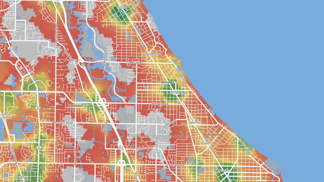 Walk Grade map of Winnetka, IL, walkable areas in green and car-dependent areas in red
