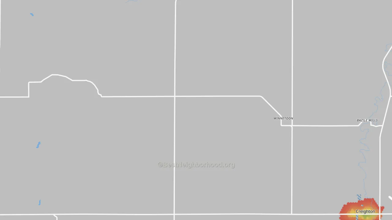 Walk Grade map of Winnetoon, NE, walkable areas in green and car-dependent areas in red