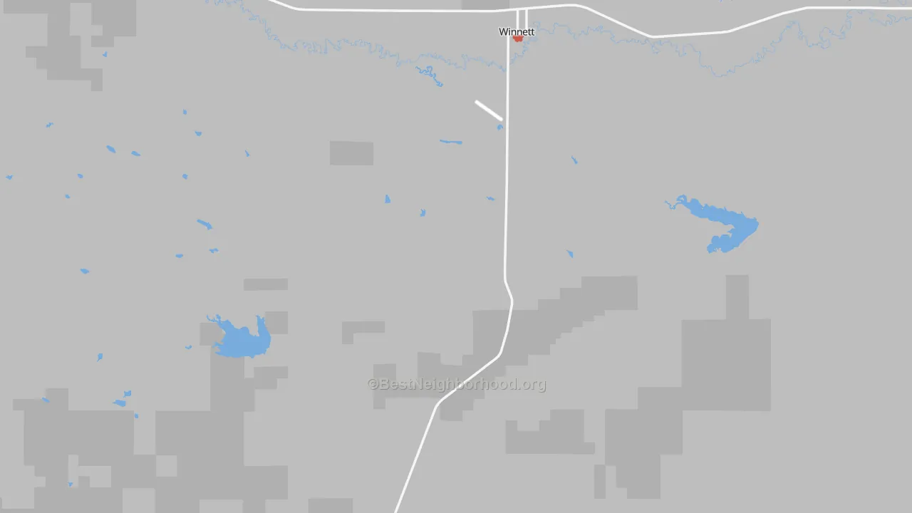 Walk Grade map of Winnett, MT, walkable areas in green and car-dependent areas in red