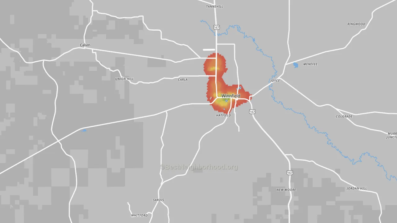 Walk Grade map of Winnfield, LA, walkable areas in green and car-dependent areas in red