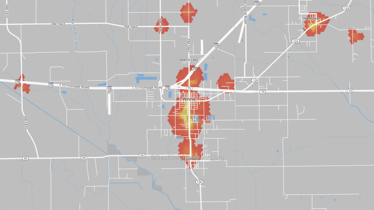 Walk Grade map of Winnie, TX, walkable areas in green and car-dependent areas in red