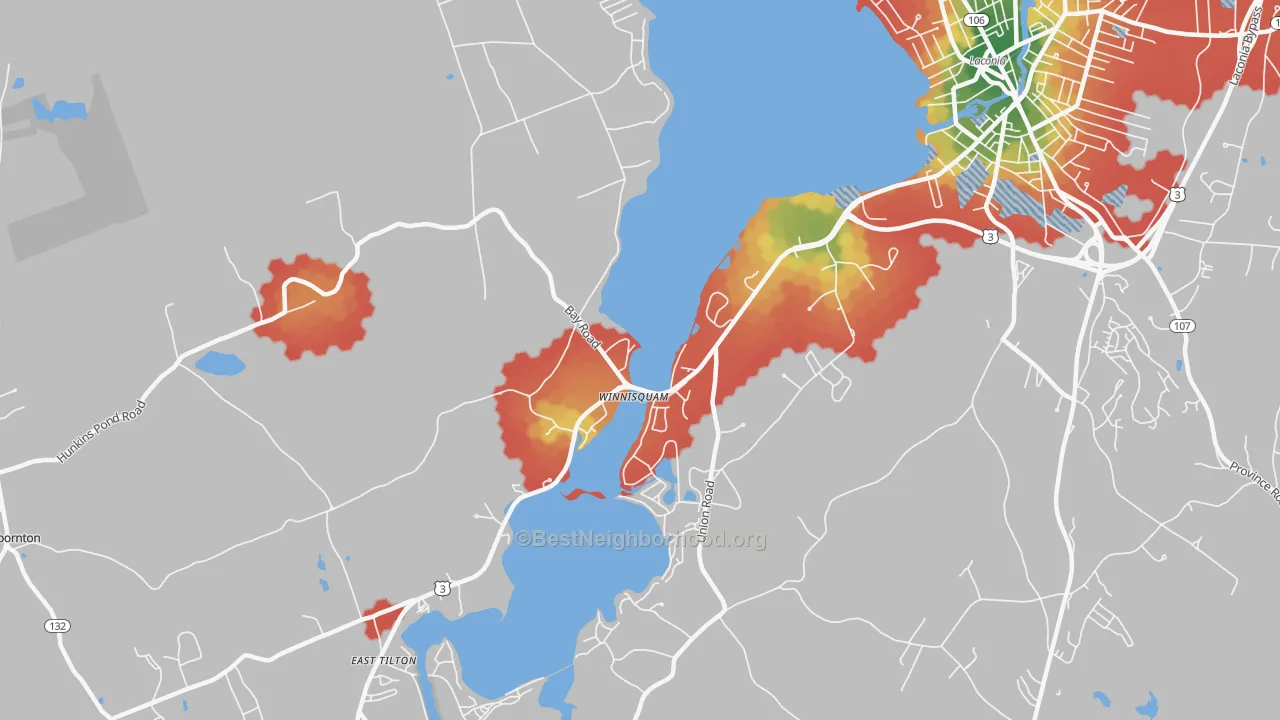 Walk Grade map of Winnisquam, NH, walkable areas in green and car-dependent areas in red