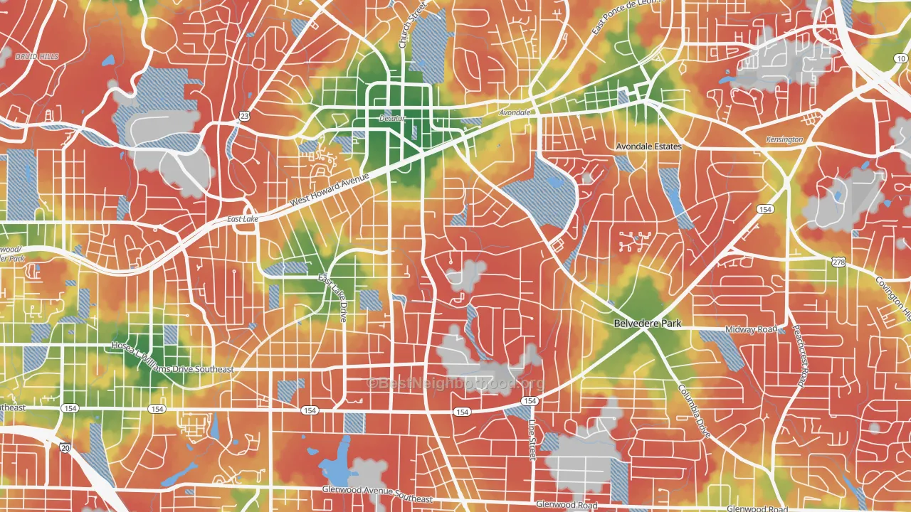 Walk Grade map of Winnona Park, Decatur, GA, walkable areas in green and car-dependent areas in red