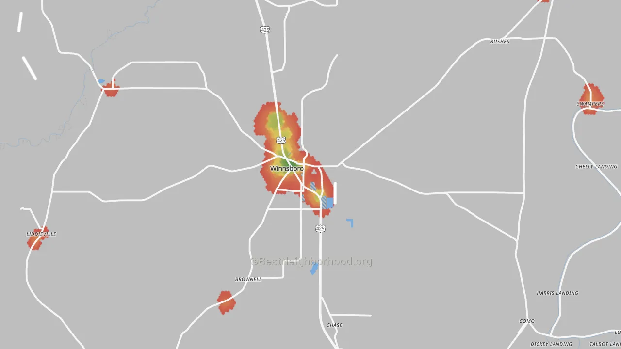 Walk Grade map of Winnsboro, LA, walkable areas in green and car-dependent areas in red