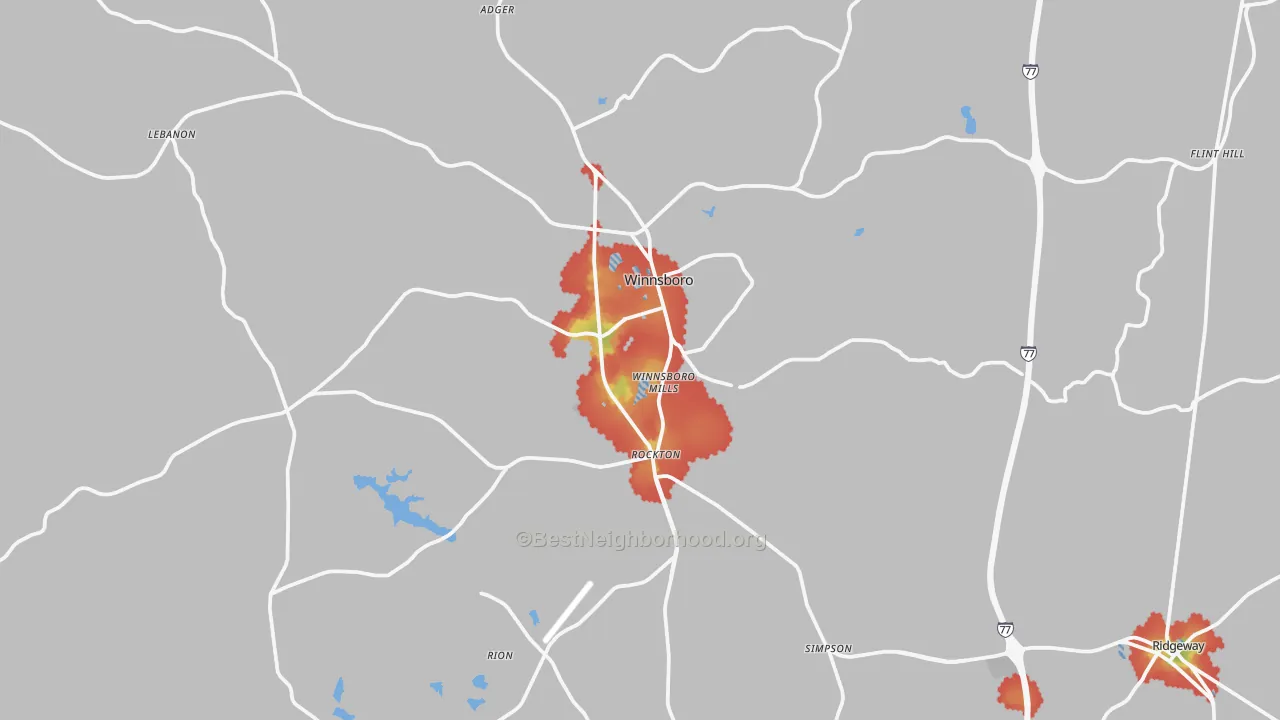 Walk Grade map of Winnsboro, SC, walkable areas in green and car-dependent areas in red
