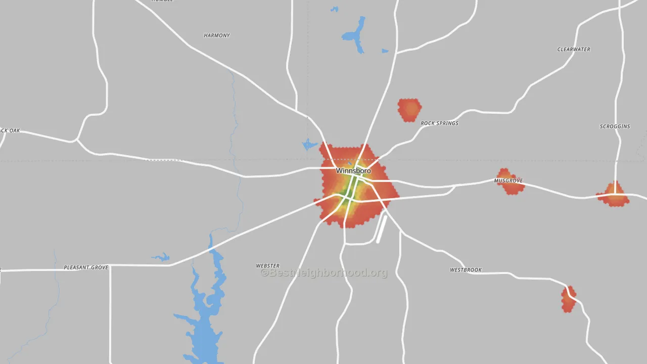 Walk Grade map of Winnsboro, TX, walkable areas in green and car-dependent areas in red