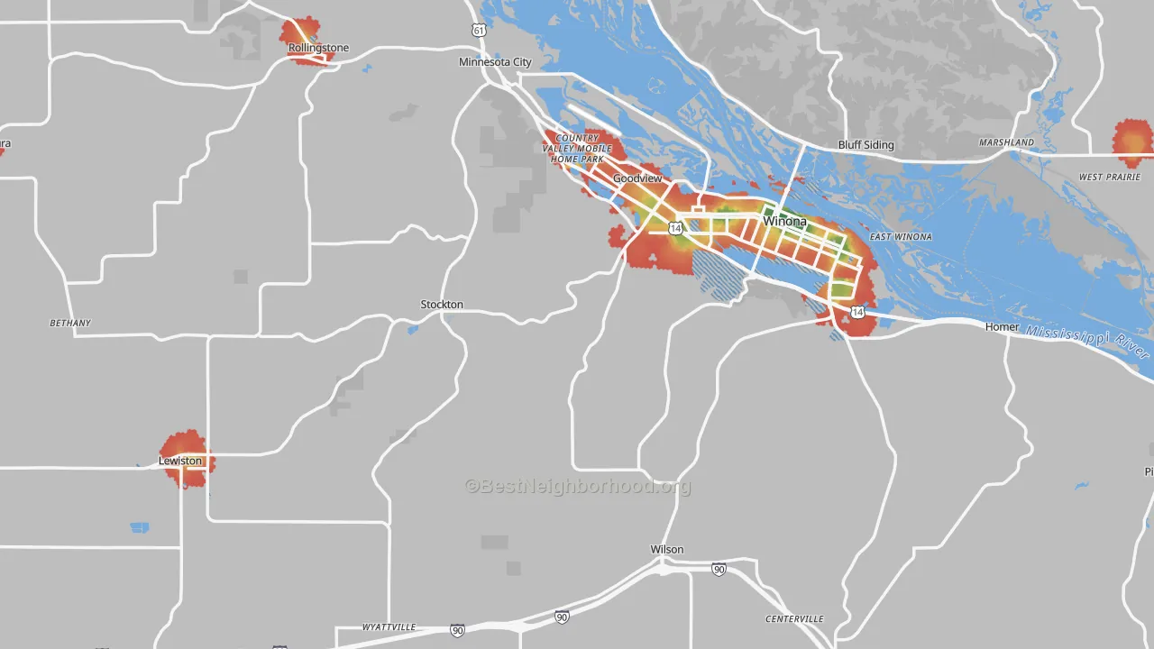 Walk Grade map of Winona County, MN, walkable areas in green and car-dependent areas in red