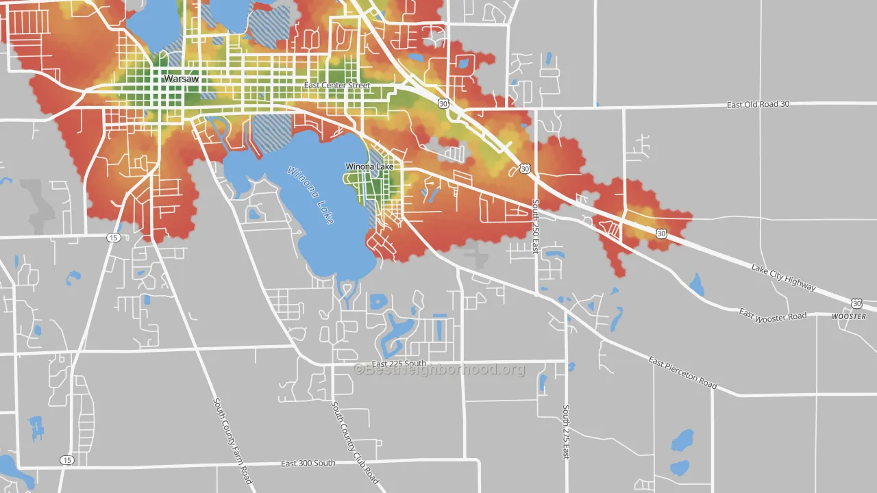 Walk Grade map of Winona Lake, IN, walkable areas in green and car-dependent areas in red