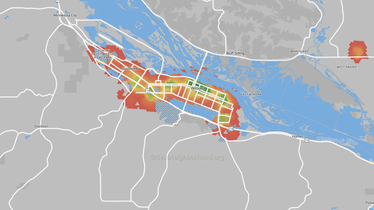 Walk Grade map of Winona, MN, walkable areas in green and car-dependent areas in red