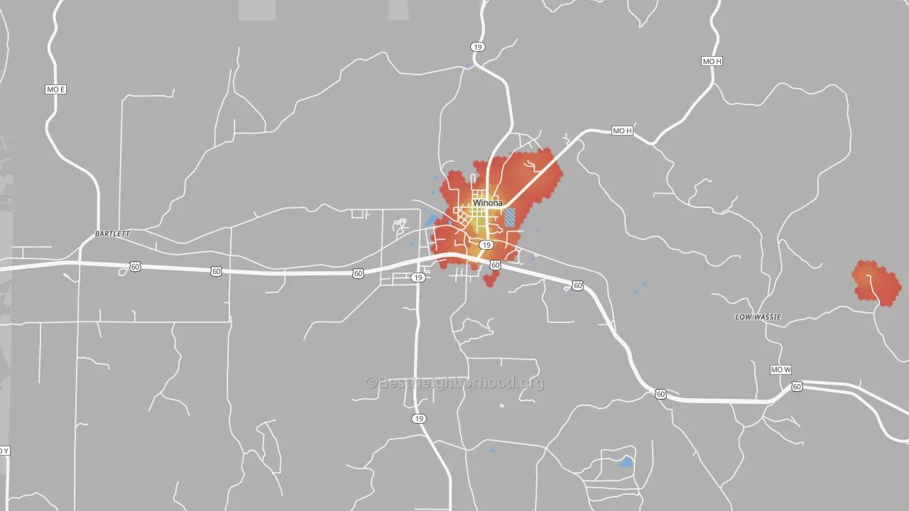 Walk Grade map of Winona, MO, walkable areas in green and car-dependent areas in red
