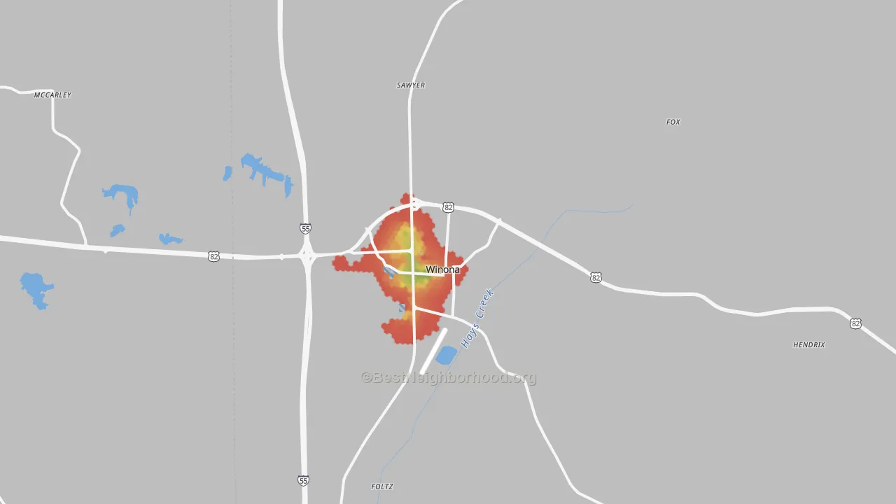 Walk Grade map of Winona, MS, walkable areas in green and car-dependent areas in red