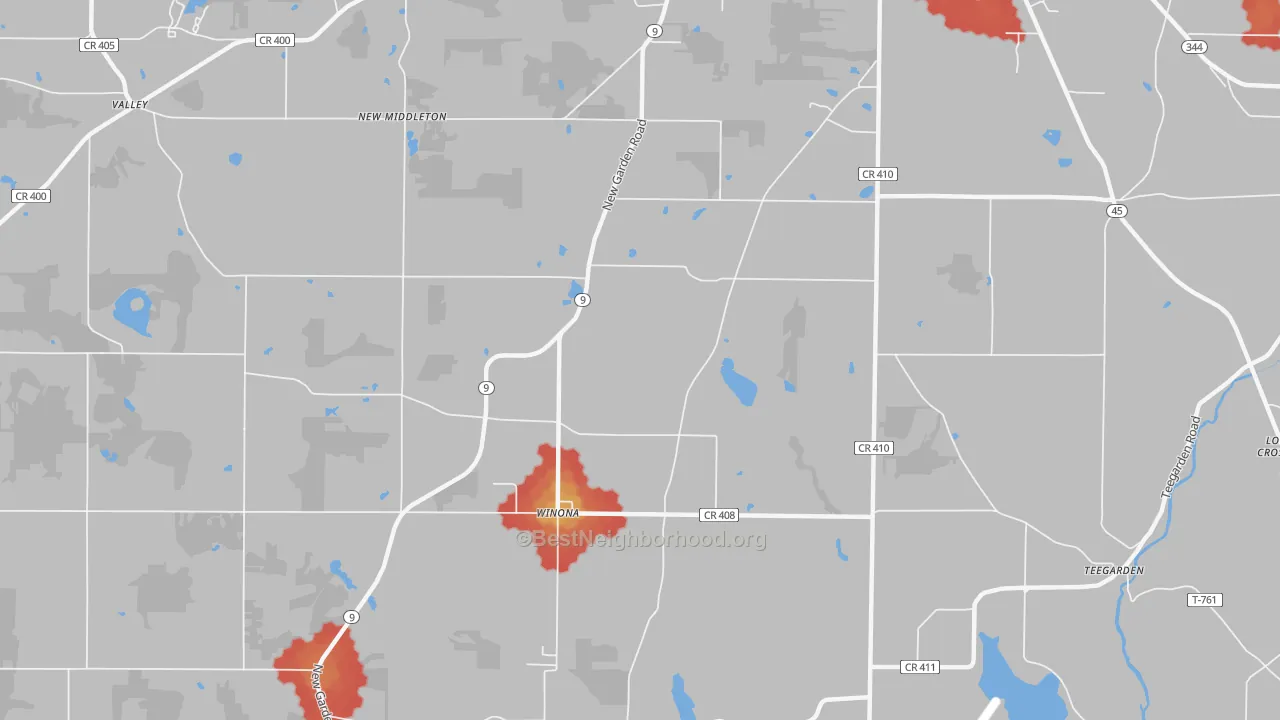 Walk Grade map of Winona, OH, walkable areas in green and car-dependent areas in red