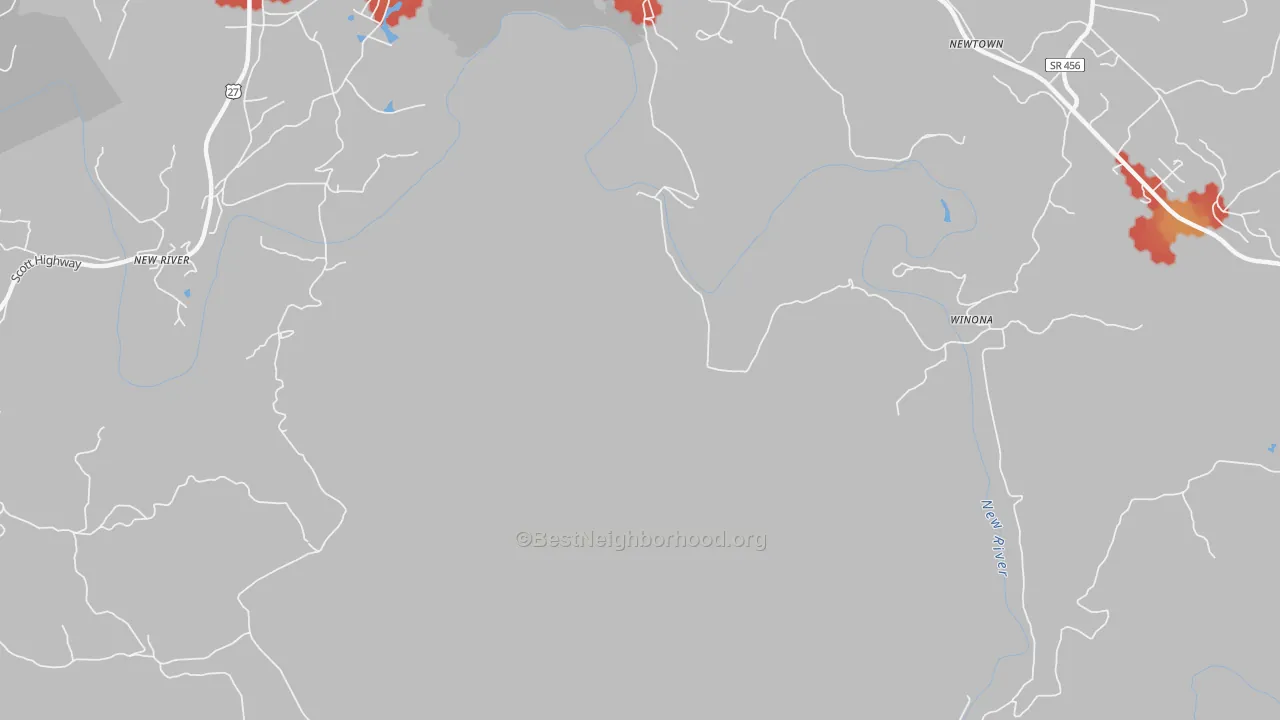 Walk Grade map of Winona, TN, walkable areas in green and car-dependent areas in red