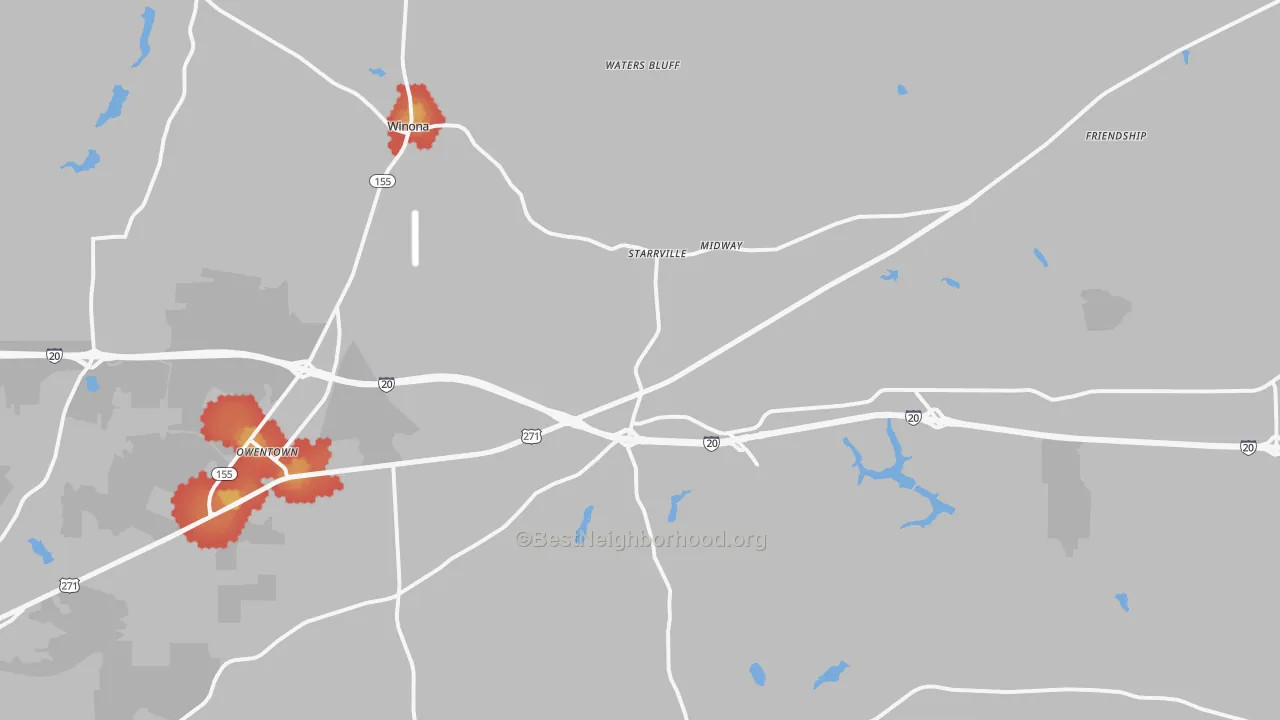 Walk Grade map of Winona, TX, walkable areas in green and car-dependent areas in red