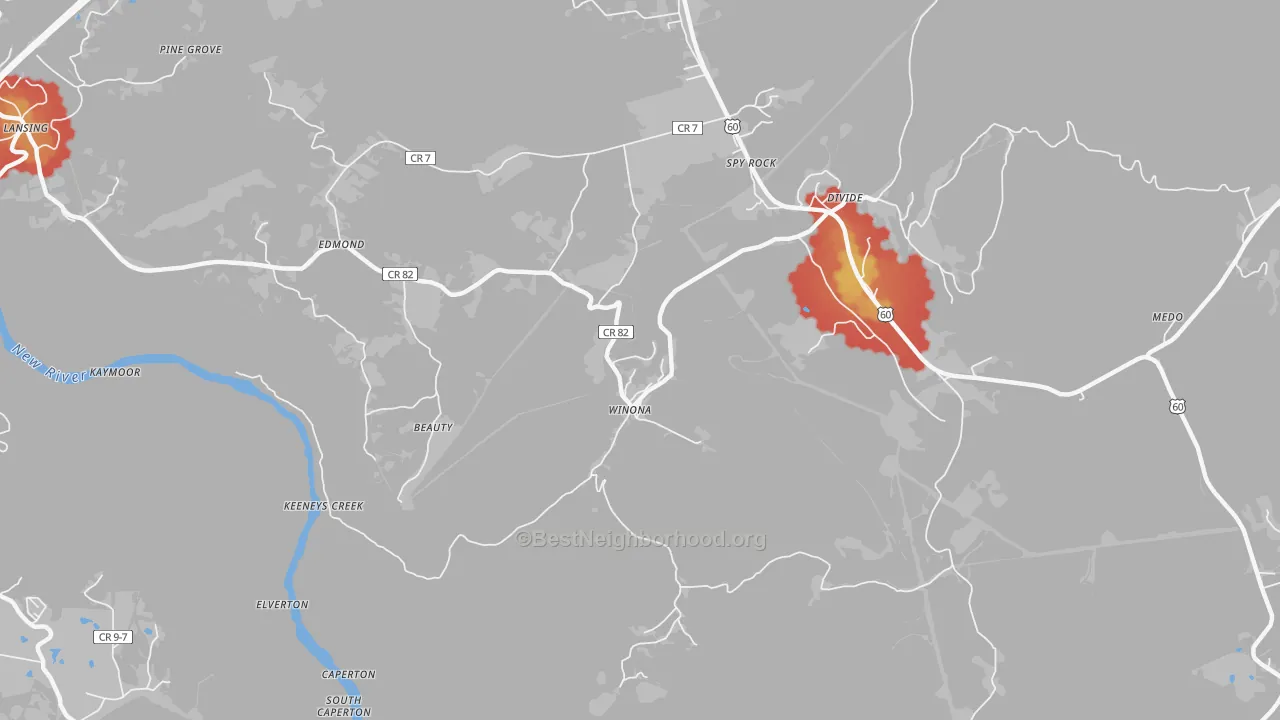 Walk Grade map of Winona, WV, walkable areas in green and car-dependent areas in red