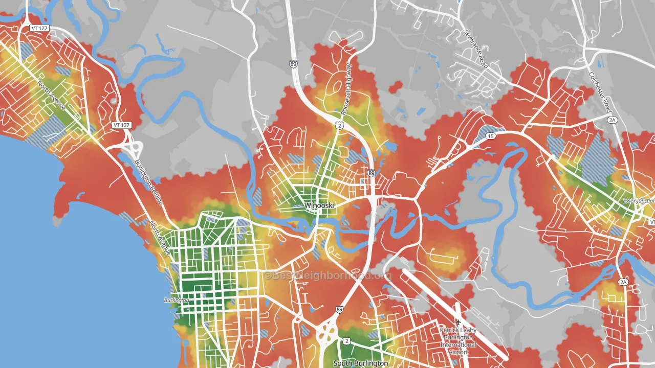 Walk Grade map of Winooski, VT, walkable areas in green and car-dependent areas in red