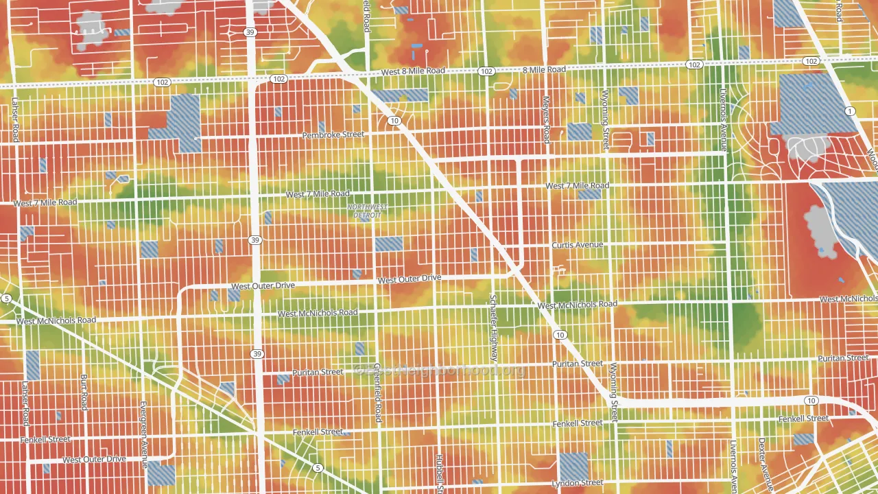 Walk Grade map of Winship, Detroit, MI, walkable areas in green and car-dependent areas in red