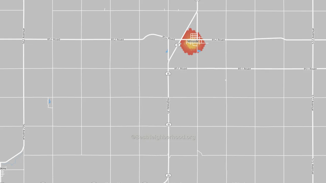 Walk Grade map of Winside, NE, walkable areas in green and car-dependent areas in red