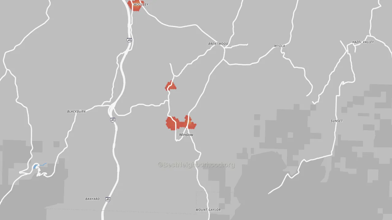 Walk Grade map of Winslow, AR, walkable areas in green and car-dependent areas in red