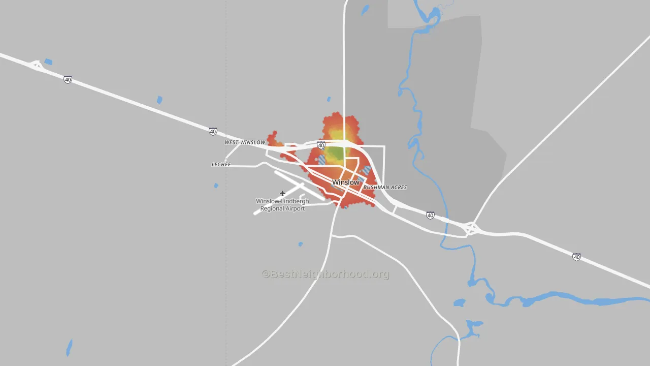 Walk Grade map of Winslow, AZ, walkable areas in green and car-dependent areas in red