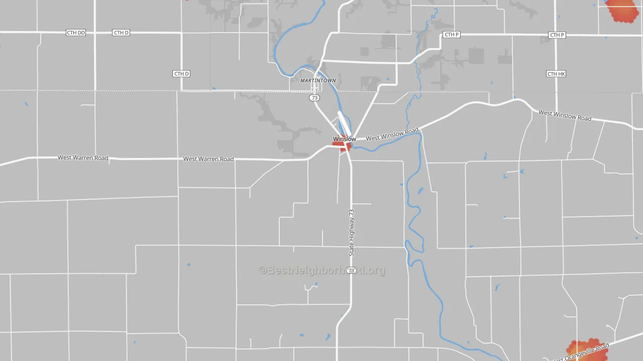 Walk Grade map of Winslow, IL, walkable areas in green and car-dependent areas in red