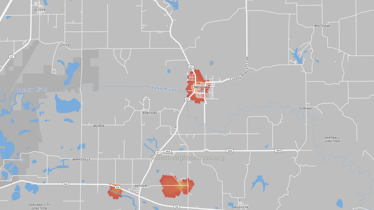 Walk Grade map of Winslow, IN, walkable areas in green and car-dependent areas in red