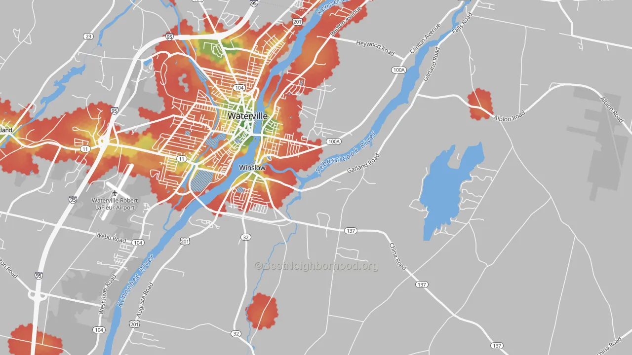 Walk Grade map of Winslow, ME, walkable areas in green and car-dependent areas in red
