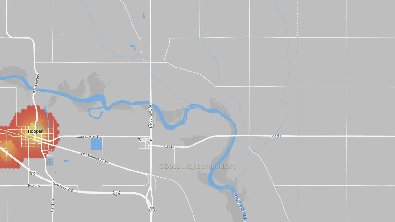 Walk Grade map of Winslow, NE, walkable areas in green and car-dependent areas in red