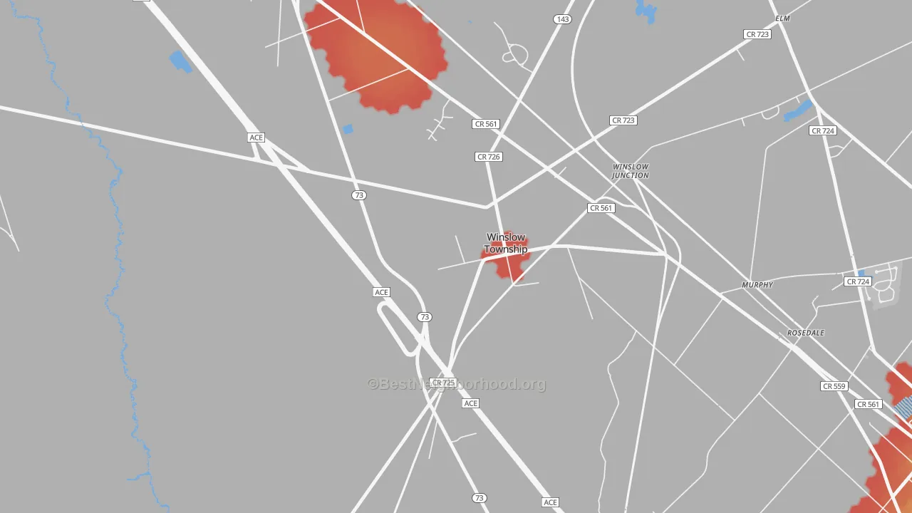 Walk Grade map of Winslow, NJ, walkable areas in green and car-dependent areas in red