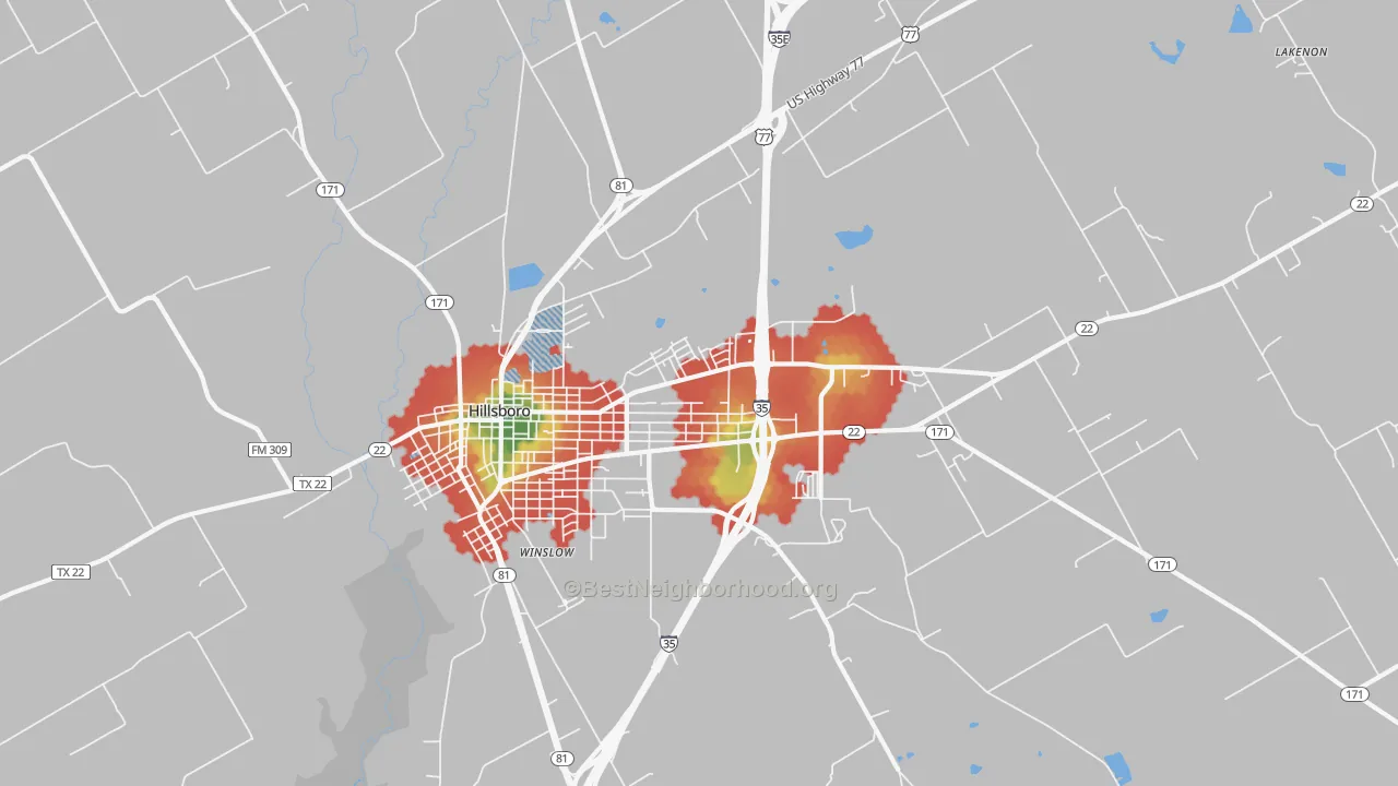 Walk Grade map of Winslow, TX, walkable areas in green and car-dependent areas in red