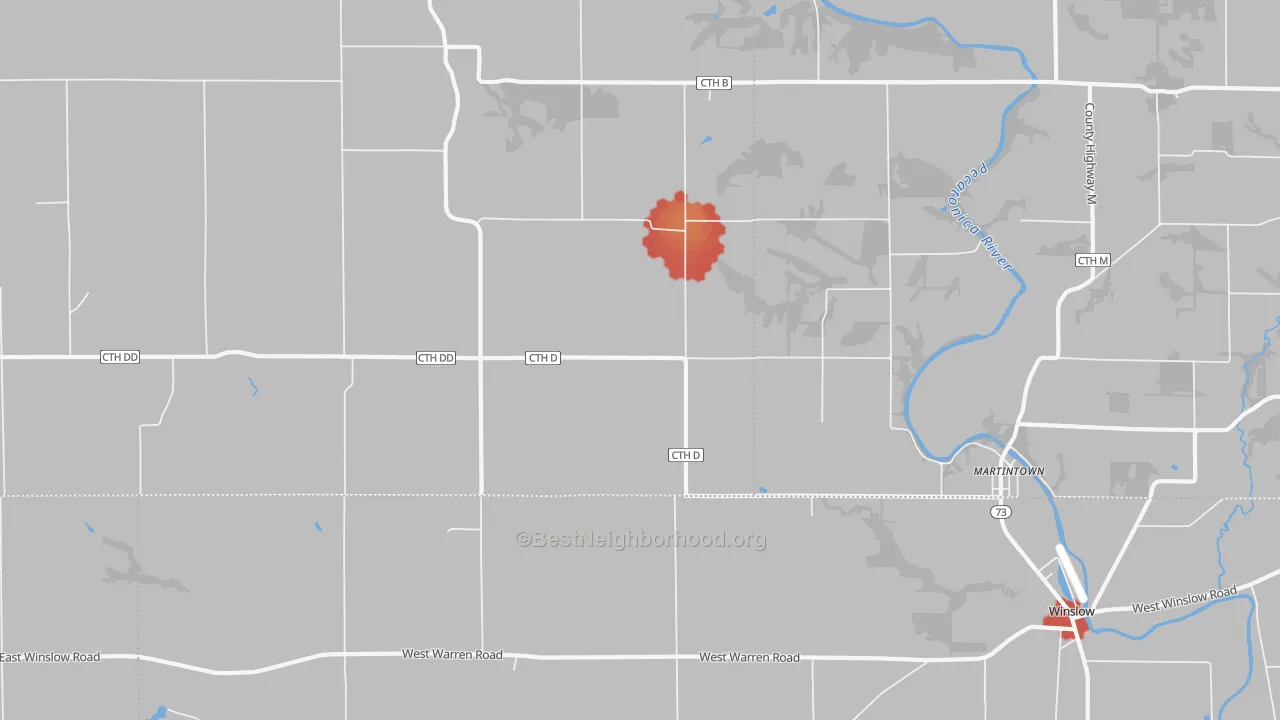 Walk Grade map of Winslow, WI, walkable areas in green and car-dependent areas in red