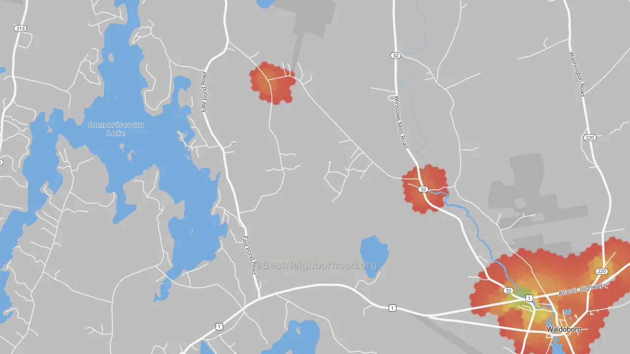 Walk Grade map of Winslows Mills, ME, walkable areas in green and car-dependent areas in red