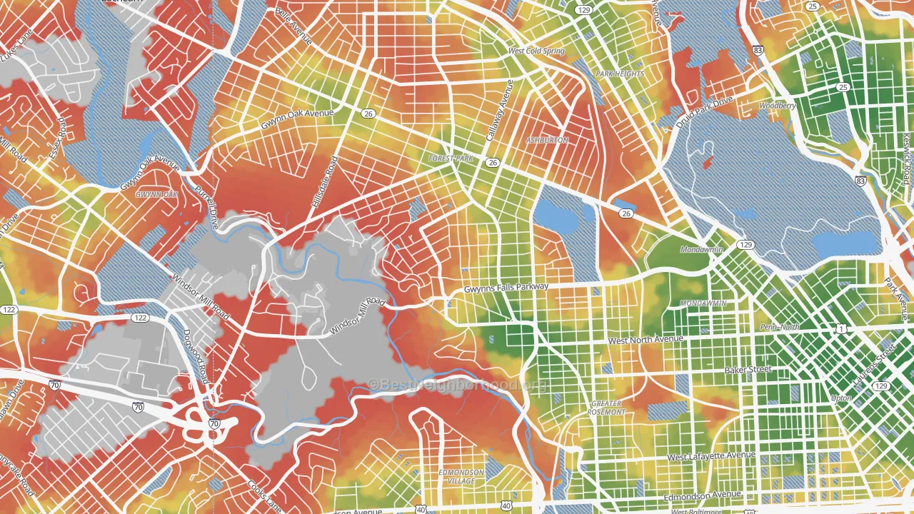 Walk Grade map of Winsor Hills, Baltimore, MD, walkable areas in green and car-dependent areas in red
