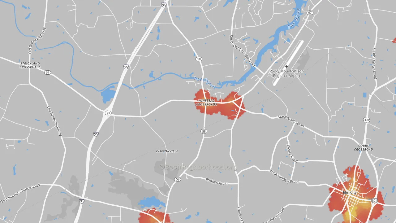 Walk Grade map of Winstead Crossroads, NC, walkable areas in green and car-dependent areas in red