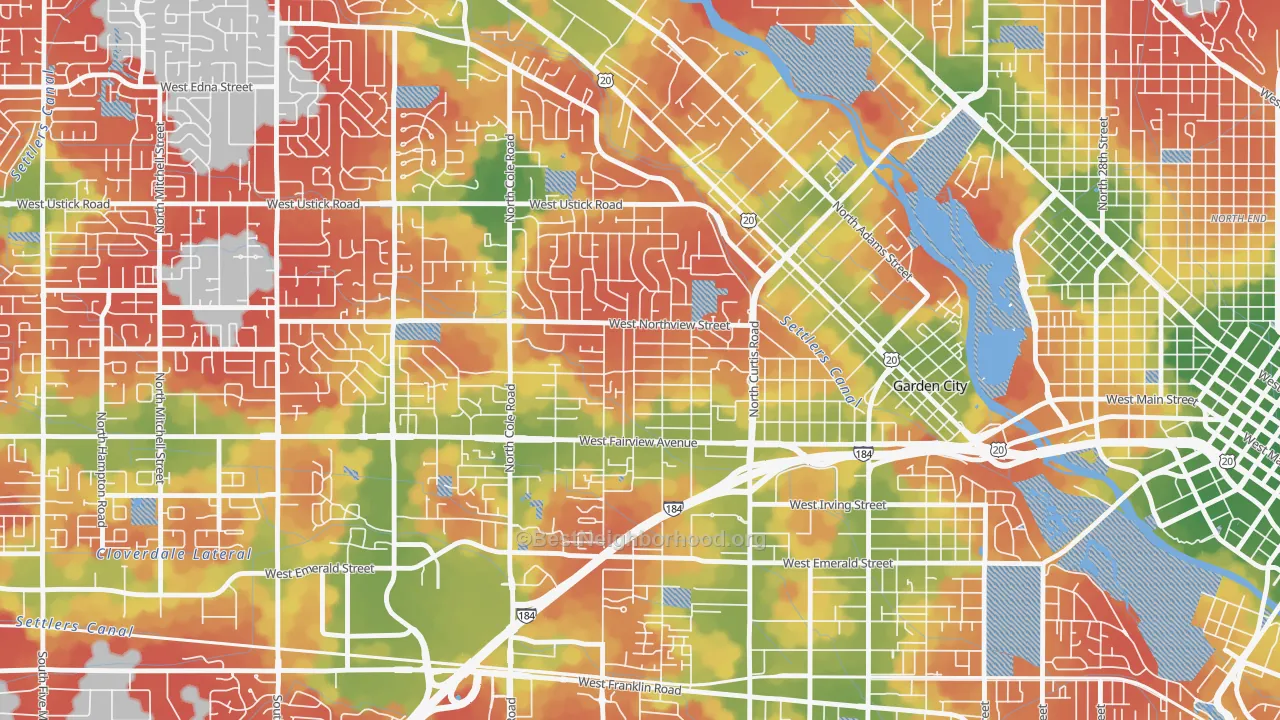 Walk Grade map of Winstead Park, Boise, ID, walkable areas in green and car-dependent areas in red