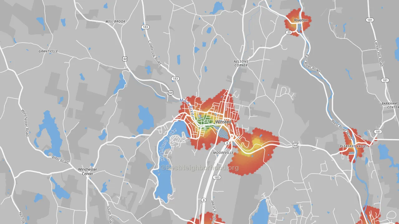 Walk Grade map of Winsted, CT, walkable areas in green and car-dependent areas in red