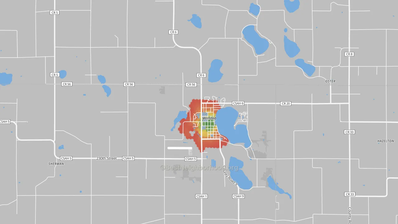 Walk Grade map of Winsted, MN, walkable areas in green and car-dependent areas in red
