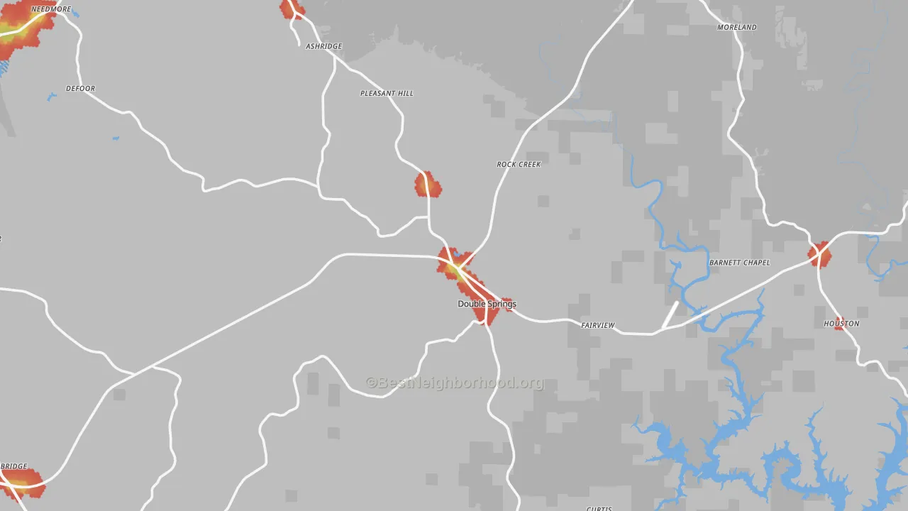 Walk Grade map of Winston County, AL, walkable areas in green and car-dependent areas in red
