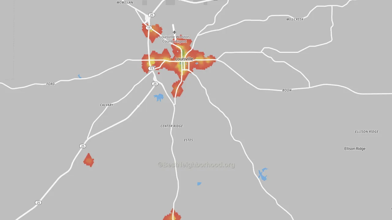 Walk Grade map of Winston County, MS, walkable areas in green and car-dependent areas in red