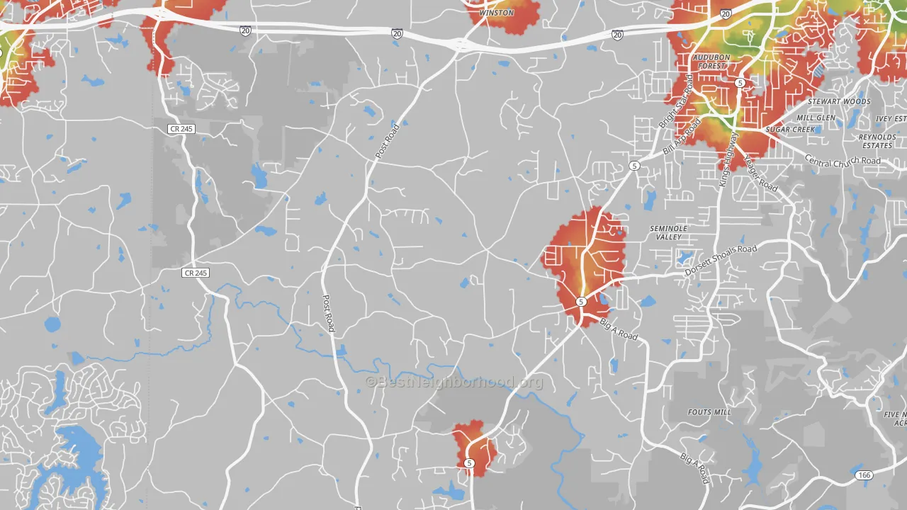 Walk Grade map of Winston, GA, walkable areas in green and car-dependent areas in red