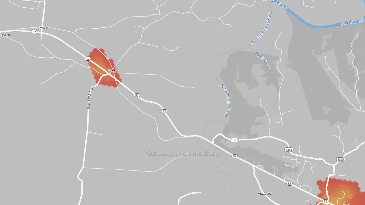 Walk Grade map of Winston, KY, walkable areas in green and car-dependent areas in red