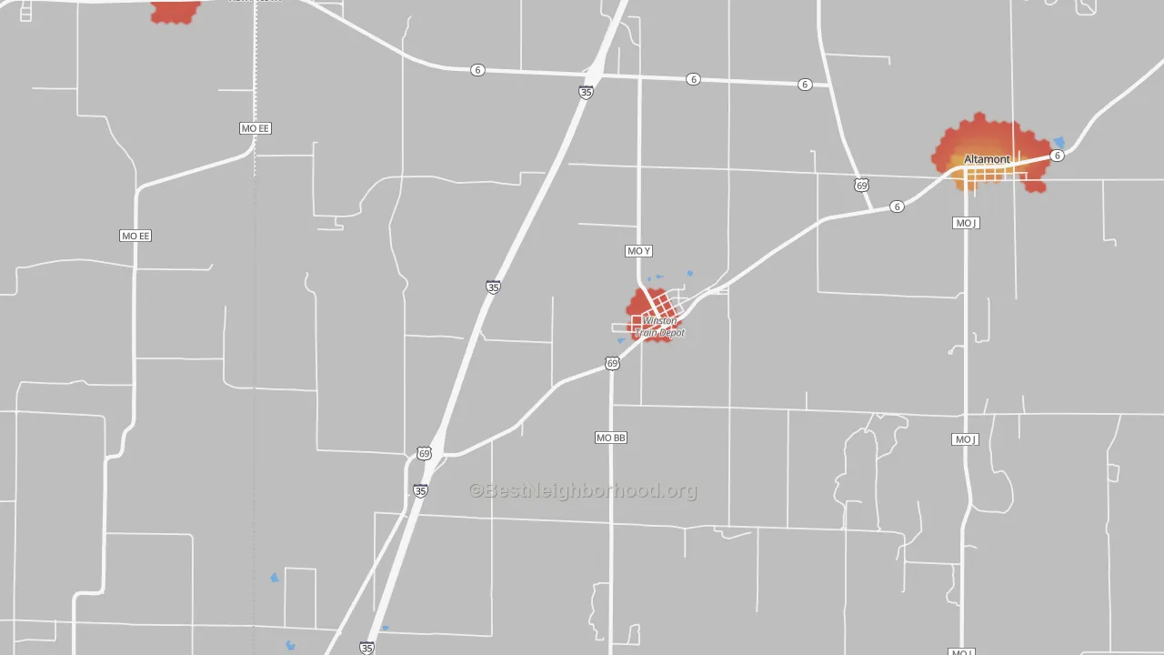 Walk Grade map of Winston, MO, walkable areas in green and car-dependent areas in red