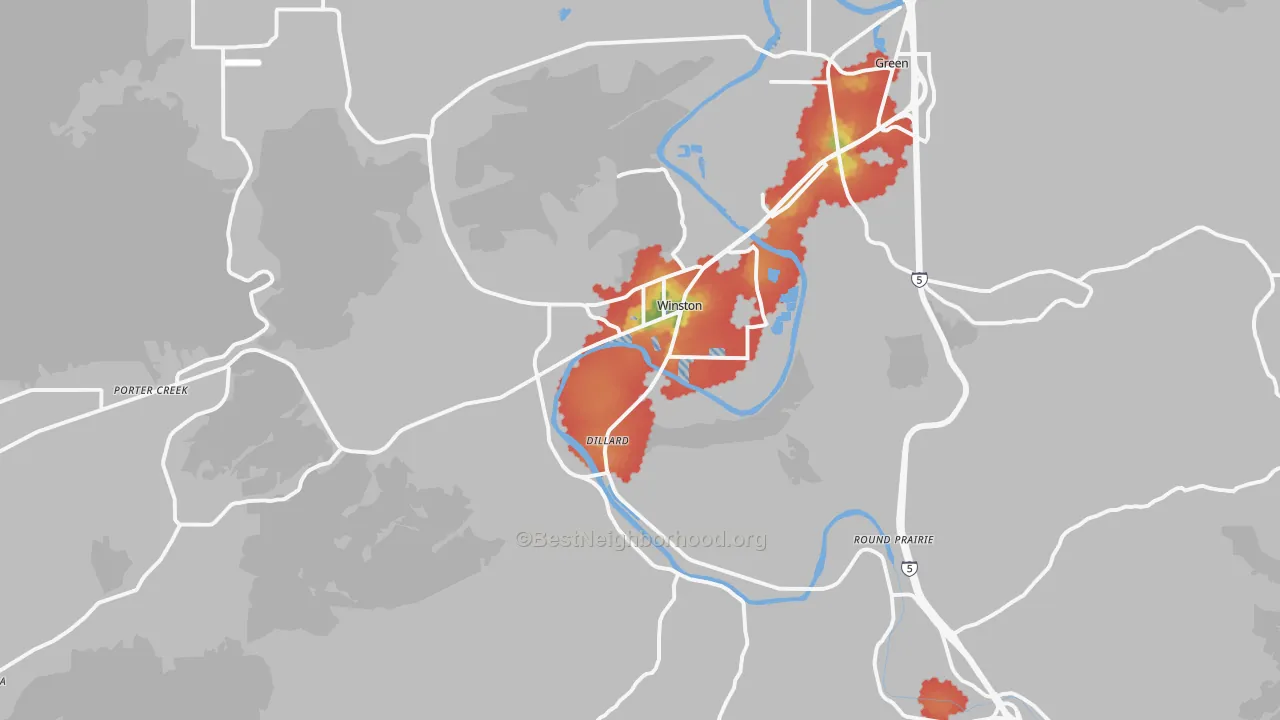 Walk Grade map of Winston, OR, walkable areas in green and car-dependent areas in red