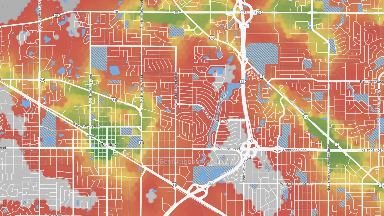Walk Grade map of Winston Park, Palatine, IL, walkable areas in green and car-dependent areas in red